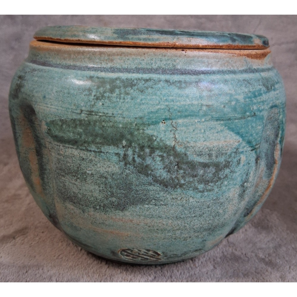 Vtg Studio Pottery Signed Turquoise Salt Glaze Lidded Jar Shell Motif Botanical